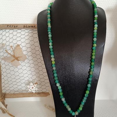 Sautoir agates vertes, pendentif aventurine