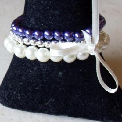 Bracelet 3 rangs de perles, prune et métal, collection les