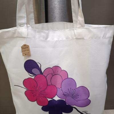 Tote bag  blanc, fleurs roses et violettes