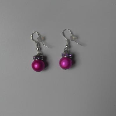 Boucles d'oreilles argent, perles magiques rose et strass.
